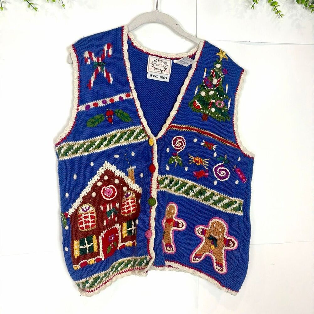 Vintage Christmas Sweater Vest Women Large Hand-Knit Tree Candy Cane Embroidered